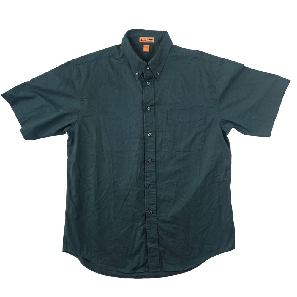 CornerStone Mens Large Short Sleeve Button Down Shirt Dark Green Workwear CS10S
